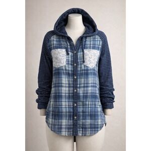 American Eagle Hooded Flannel Shirt Womans M Blue Plaid Layered Button Up Hoodie